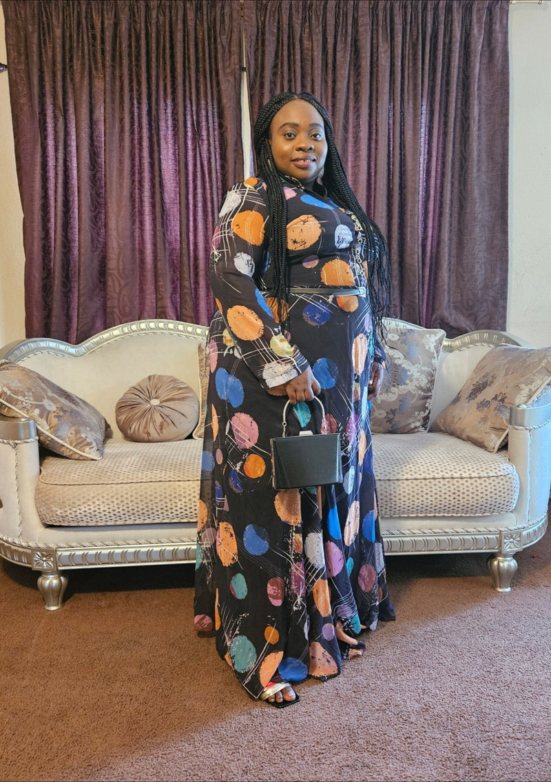 Elegant Women's Dress with Patterned Design and Belt - Blessed_PTA_Collections